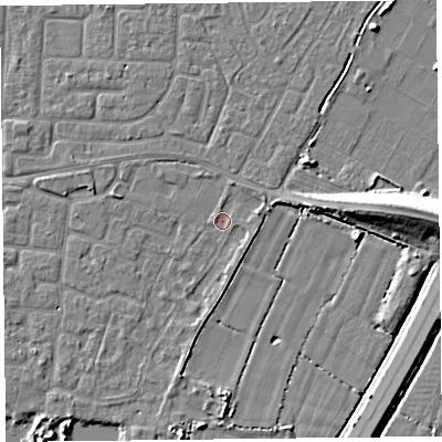 Shaded relief map of the ground around TA65SA, computed from Environment Agency LiDAR. The ground here sits at about 6 m above sea level and falls 10 m across the surrounding 800 m. Surface water reaching this point runs off ground lying to the north-north-east, 1.4 m higher.