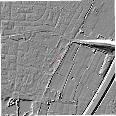 Shaded relief map of the ground around TA65SB, computed from Environment Agency LiDAR. The ground here sits at about 6 m above sea level and falls 10 m across the surrounding 800 m. Surface water reaching this point runs off ground lying to the north, 1.4 m higher.