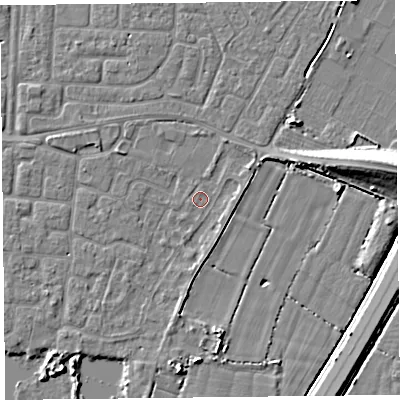 Shaded relief map of the ground around TA65SD, computed from Environment Agency LiDAR. The ground here sits at about 6 m above sea level and falls 10 m across the surrounding 800 m. Surface water reaching this point runs off ground lying to the south-west, 1.0 m higher.