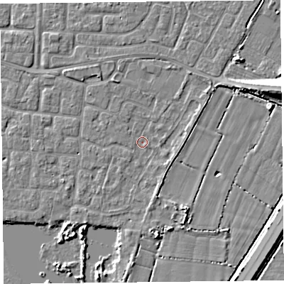 Shaded relief map of the ground around TA65SF, computed from Environment Agency LiDAR. The ground here sits at about 6 m above sea level and falls 7 m across the surrounding 800 m. Surface water reaching this point runs off ground lying to the south-west, 1.0 m higher.