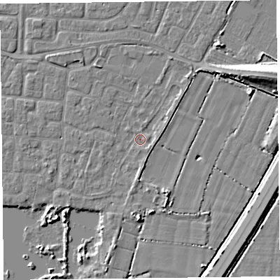 Shaded relief map of the ground around TA65SG, computed from Environment Agency LiDAR. The ground here sits at about 6 m above sea level and falls 9 m across the surrounding 800 m. Surface water reaching this point runs off ground lying to the north-north-west, 2.0 m higher.