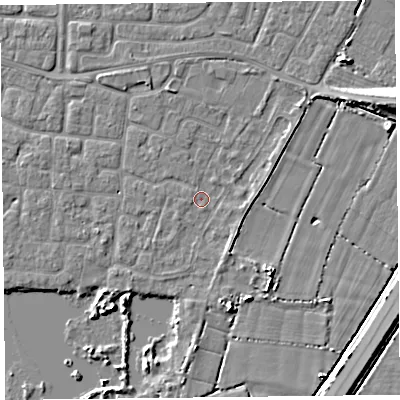 Shaded relief map of the ground around TA65SH, computed from Environment Agency LiDAR. The ground here sits at about 6 m above sea level and falls 7 m across the surrounding 800 m. Surface water reaching this point runs off ground lying to the south-west, 1.0 m higher.