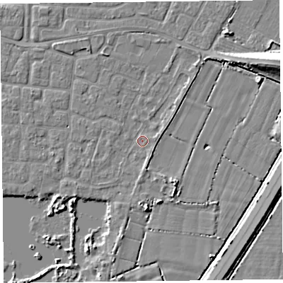 Shaded relief map of the ground around TA65SJ, computed from Environment Agency LiDAR. The ground here sits at about 6 m above sea level and falls 8 m across the surrounding 800 m. Surface water reaching this point runs off ground lying to the north-north-west, 2.0 m higher.