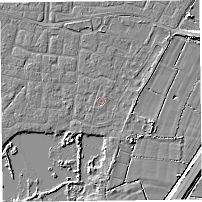 Shaded relief map of the ground around TA65SL, computed from Environment Agency LiDAR. The ground here sits at about 6 m above sea level and falls 5 m across the surrounding 800 m. Surface water reaching this point runs off ground lying to the east-north-east, 0.8 m higher.