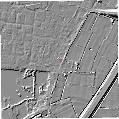 Shaded relief map of the ground around TA65SN, computed from Environment Agency LiDAR. The ground here sits at about 6 m above sea level and falls 7 m across the surrounding 800 m. Surface water reaching this point runs off ground lying to the north-north-west, 2.0 m higher.