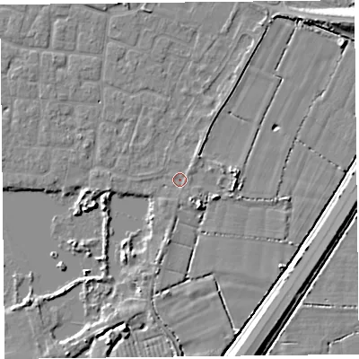 Shaded relief map of the ground around TA65SP, computed from Environment Agency LiDAR. The ground here sits at about 6 m above sea level and falls 7 m across the surrounding 800 m. Surface water reaching this point runs off ground lying to the south-south-west, 1.1 m higher.