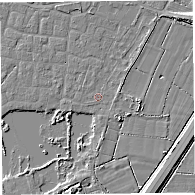 Shaded relief map of the ground around TA65SW, computed from Environment Agency LiDAR. The ground here sits at about 6 m above sea level and falls 5 m across the surrounding 800 m. Surface water reaching this point runs off ground lying to the north, 1.9 m higher.