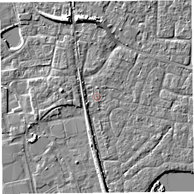 Shaded relief map of the ground around TA65SZ, computed from Environment Agency LiDAR. The ground here sits at about 6 m above sea level and falls 7 m across the surrounding 800 m. Surface water reaching this point runs off ground lying to the south, 0.5 m higher.