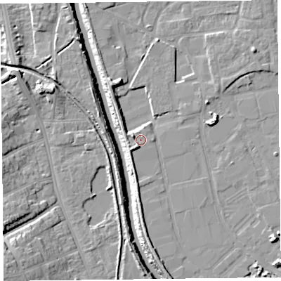 Shaded relief map of the ground around TA65YE, computed from Environment Agency LiDAR. The ground here sits at about 7 m above sea level and falls 11 m across the surrounding 800 m. Surface water reaching this point runs off ground lying to the south-west, 3.3 m higher.