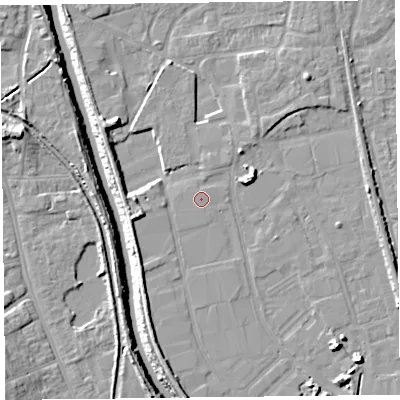 Shaded relief map of the ground around TA65YS, computed from Environment Agency LiDAR. The ground here sits at about 7 m above sea level and falls 9 m across the surrounding 800 m. The ground contributing surface water to this point lies to the north-north-west.