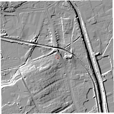 Shaded relief map of the ground around TA66AE, computed from Environment Agency LiDAR. The ground here sits at about 9 m above sea level and falls 14 m across the surrounding 800 m. Surface water reaching this point runs off ground lying to the south-west, 5.7 m higher.