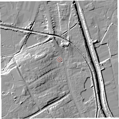 Shaded relief map of the ground around TA66AF, computed from Environment Agency LiDAR. The ground here sits at about 7 m above sea level and falls 13 m across the surrounding 800 m. Surface water reaching this point runs off ground lying to the west-south-west, 7.1 m higher.
