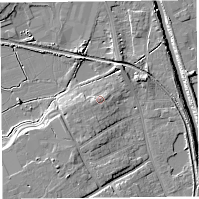 Shaded relief map of the ground around TA66AG, computed from Environment Agency LiDAR. The ground here sits at about 12 m above sea level and falls 13 m across the surrounding 800 m. Surface water reaching this point runs off ground lying to the west-south-west, 2.8 m higher.