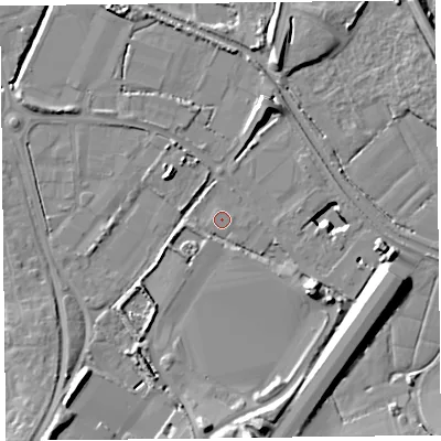 Shaded relief map of the ground around TA66AJ, computed from Environment Agency LiDAR. The ground here sits at about 6 m above sea level and falls 16 m across the surrounding 800 m. Surface water reaching this point runs off ground lying to the south, 14.0 m higher.