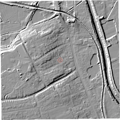 Shaded relief map of the ground around TA66AU, computed from Environment Agency LiDAR. The ground here sits at about 9 m above sea level and falls 13 m across the surrounding 800 m. Surface water reaching this point runs off ground lying to the west-south-west, 7.7 m higher.