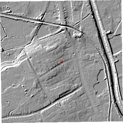 Shaded relief map of the ground around TA66AZ, computed from Environment Agency LiDAR. The ground here sits at about 9 m above sea level and falls 13 m across the surrounding 800 m. Surface water reaching this point runs off ground lying to the west, 6.3 m higher.