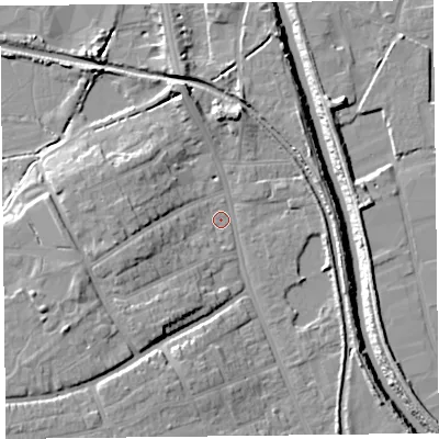 Shaded relief map of the ground around TA66BA, computed from Environment Agency LiDAR. The ground here sits at about 7 m above sea level and falls 13 m across the surrounding 800 m. Surface water reaching this point runs off ground lying to the west, 8.0 m higher.