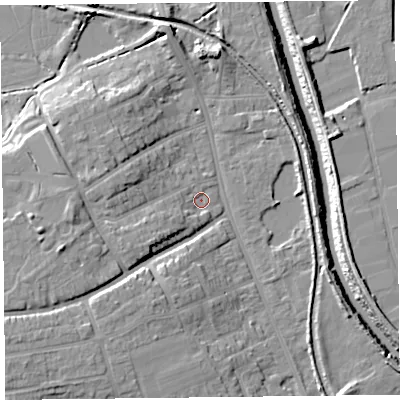 Shaded relief map of the ground around TA66BB, computed from Environment Agency LiDAR. The ground here sits at about 7 m above sea level and falls 13 m across the surrounding 800 m. Surface water reaching this point runs off ground lying to the west-south-west, 6.3 m higher.