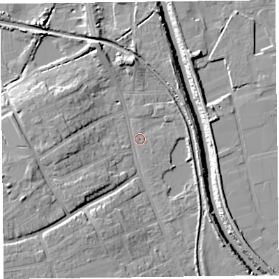 Shaded relief map of the ground around TA66BD, computed from Environment Agency LiDAR. The ground here sits at about 6 m above sea level and falls 13 m across the surrounding 800 m. Surface water reaching this point runs off ground lying to the west-south-west, 10.0 m higher.