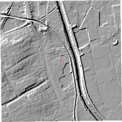Shaded relief map of the ground around TA66BE, computed from Environment Agency LiDAR. The ground here sits at about 6 m above sea level and falls 13 m across the surrounding 800 m. Surface water reaching this point runs off ground lying to the east, 1.8 m higher.