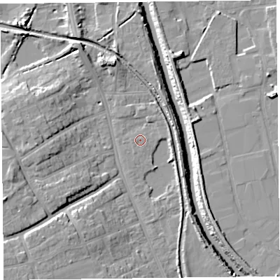 Shaded relief map of the ground around TA66BG, computed from Environment Agency LiDAR. The ground here sits at about 7 m above sea level and falls 13 m across the surrounding 800 m. Surface water reaching this point runs off ground lying to the east-north-east, 1.8 m higher.