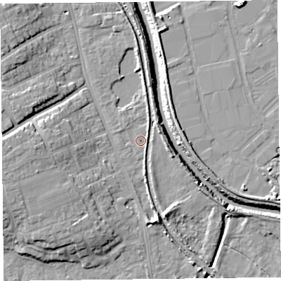 Shaded relief map of the ground around TA66BH, computed from Environment Agency LiDAR. The ground here sits at about 6 m above sea level and falls 12 m across the surrounding 800 m. Surface water reaching this point runs off ground lying to the west-south-west, 7.6 m higher.