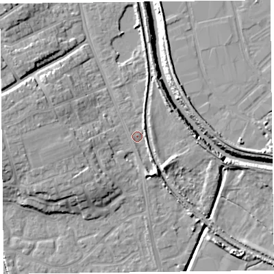 Shaded relief map of the ground around TA66BJ, computed from Environment Agency LiDAR. The ground here sits at about 6 m above sea level and falls 12 m across the surrounding 800 m. Surface water reaching this point runs off ground lying to the south-south-east, 4.8 m higher.