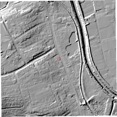 Shaded relief map of the ground around TA66BL, computed from Environment Agency LiDAR. The ground here sits at about 7 m above sea level and falls 13 m across the surrounding 800 m. Surface water reaching this point runs off ground lying to the south-west, 7.2 m higher.