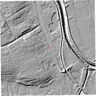 Shaded relief map of the ground around TA66BN, computed from Environment Agency LiDAR. The ground here sits at about 6 m above sea level and falls 13 m across the surrounding 800 m. Surface water reaching this point runs off ground lying to the west-south-west, 8.7 m higher.