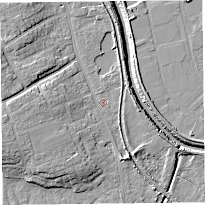 Shaded relief map of the ground around TA66BQ, computed from Environment Agency LiDAR. The ground here sits at about 7 m above sea level and falls 12 m across the surrounding 800 m. Surface water reaching this point runs off ground lying to the west-south-west, 8.7 m higher.