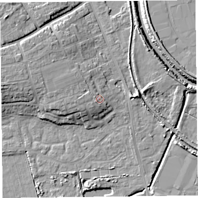 Shaded relief map of the ground around TA66BS, computed from Environment Agency LiDAR. The ground here sits at about 10 m above sea level and falls 13 m across the surrounding 800 m. Surface water reaching this point runs off ground lying to the west-north-west, 2.9 m higher.