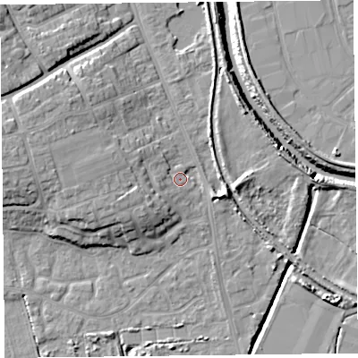 Shaded relief map of the ground around TA66BT, computed from Environment Agency LiDAR. The ground here sits at about 8 m above sea level and falls 12 m across the surrounding 800 m. Surface water reaching this point runs off ground lying to the west, 3.7 m higher.