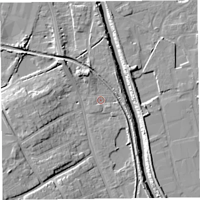 Shaded relief map of the ground around TA66BU, computed from Environment Agency LiDAR. The ground here sits at about 7 m above sea level and falls 13 m across the surrounding 800 m. Surface water reaching this point runs off ground lying to the north-north-west, 3.7 m higher.