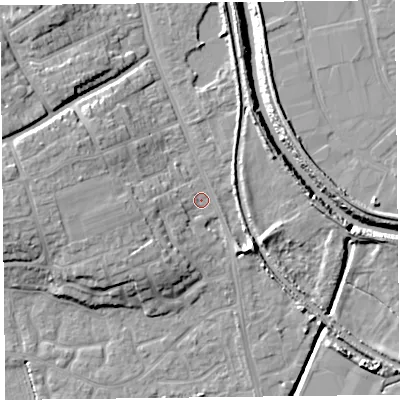 Shaded relief map of the ground around TA66BW, computed from Environment Agency LiDAR. The ground here sits at about 7 m above sea level and falls 12 m across the surrounding 800 m. Surface water reaching this point runs off ground lying to the west, 6.9 m higher.