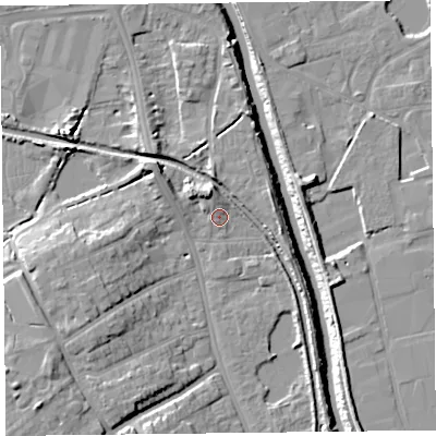 Shaded relief map of the ground around TA66BX, computed from Environment Agency LiDAR. The ground here sits at about 8 m above sea level and falls 14 m across the surrounding 800 m. Surface water reaching this point runs off ground lying to the north, 2.9 m higher.