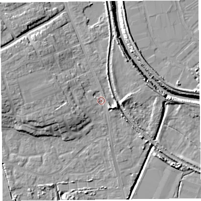 Shaded relief map of the ground around TA66BY, computed from Environment Agency LiDAR. The ground here sits at about 6 m above sea level and falls 12 m across the surrounding 800 m. Surface water reaching this point runs off ground lying to the west-south-west, 2.9 m higher.