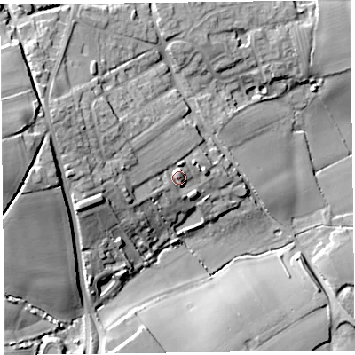 Shaded relief map of the ground around TA66DB, computed from Environment Agency LiDAR. The ground here sits at about 40 m above sea level and falls 30 m across the surrounding 800 m. Surface water reaching this point runs off ground lying to the north, 3.7 m higher.