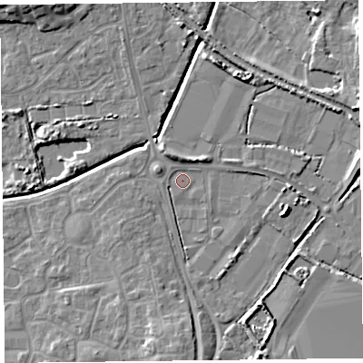 Shaded relief map of the ground around TA66DD, computed from Environment Agency LiDAR. The ground here sits at about 6 m above sea level and falls 8 m across the surrounding 800 m. Surface water reaching this point runs off ground lying to the north-west, 1.5 m higher.