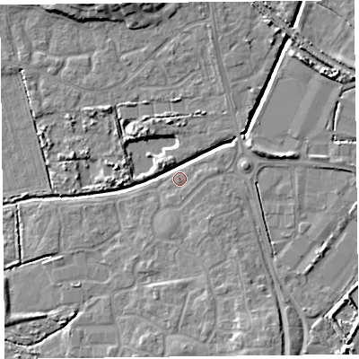 Shaded relief map of the ground around TA66DG, computed from Environment Agency LiDAR. The ground here sits at about 6 m above sea level and falls 8 m across the surrounding 800 m. Surface water reaching this point runs off ground lying to the east-south-east, 0.7 m higher.