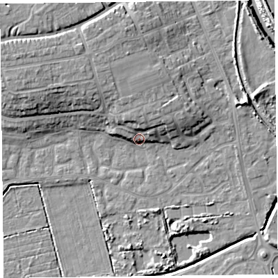 Shaded relief map of the ground around TA66DH, computed from Environment Agency LiDAR. The ground here sits at about 8 m above sea level and falls 12 m across the surrounding 800 m. Surface water reaching this point runs off ground lying to the north, 6.6 m higher.