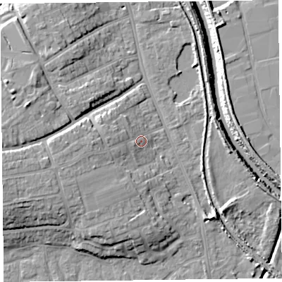 Shaded relief map of the ground around TA66DJ, computed from Environment Agency LiDAR. The ground here sits at about 9 m above sea level and falls 13 m across the surrounding 800 m. Surface water reaching this point runs off ground lying to the west, 6.0 m higher.