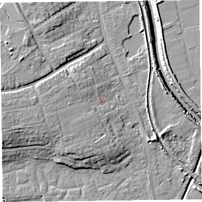 Shaded relief map of the ground around TA66DP, computed from Environment Agency LiDAR. The ground here sits at about 10 m above sea level and falls 13 m across the surrounding 800 m. Surface water reaching this point runs off ground lying to the west, 5.5 m higher.