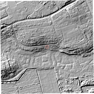 Shaded relief map of the ground around TA66DY, computed from Environment Agency LiDAR. The ground here sits at about 8 m above sea level and falls 13 m across the surrounding 800 m. Surface water reaching this point runs off ground lying to the north-west, 8.0 m higher.