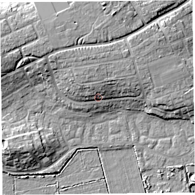 Shaded relief map of the ground around TA66DZ, computed from Environment Agency LiDAR. The ground here sits at about 10 m above sea level and falls 13 m across the surrounding 800 m. Surface water reaching this point runs off ground lying to the north, 4.9 m higher.