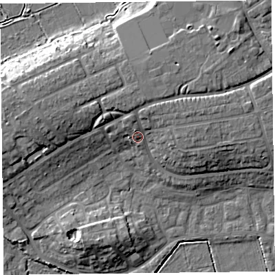 Shaded relief map of the ground around TA66EB, computed from Environment Agency LiDAR. The ground here sits at about 11 m above sea level and falls 14 m across the surrounding 800 m. Surface water reaching this point runs off ground lying to the north, 5.0 m higher.