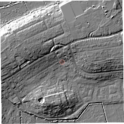 Shaded relief map of the ground around TA66EH, computed from Environment Agency LiDAR. The ground here sits at about 8 m above sea level and falls 14 m across the surrounding 800 m. Surface water reaching this point runs off ground lying to the north-west, 8.8 m higher.