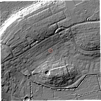 Shaded relief map of the ground around TA66EJ, computed from Environment Agency LiDAR. The ground here sits at about 8 m above sea level and falls 14 m across the surrounding 800 m. Surface water reaching this point runs off ground lying to the west-north-west, 8.5 m higher.