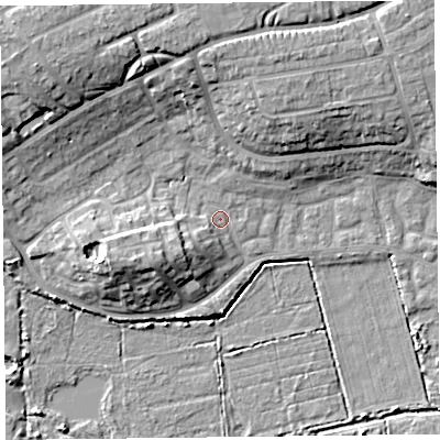 Shaded relief map of the ground around TA66ER, computed from Environment Agency LiDAR. The ground here sits at about 6 m above sea level and falls 14 m across the surrounding 800 m. Surface water reaching this point runs off ground lying to the south-west, 5.9 m higher.