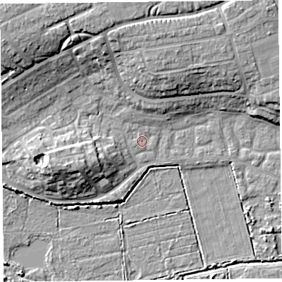 Shaded relief map of the ground around TA66ES, computed from Environment Agency LiDAR. The ground here sits at about 6 m above sea level and falls 14 m across the surrounding 800 m. Surface water reaching this point runs off ground lying to the north-west, 11.6 m higher.