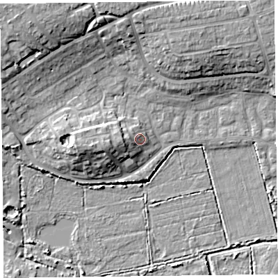 Shaded relief map of the ground around TA66EU, computed from Environment Agency LiDAR. The ground here sits at about 8 m above sea level and falls 14 m across the surrounding 800 m. Surface water reaching this point runs off ground lying to the west-south-west, 4.3 m higher.